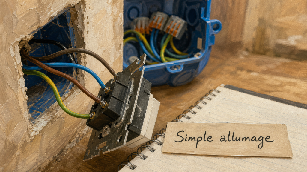 Cablage simple allumage : phase, neutre, terre dans interrupteur