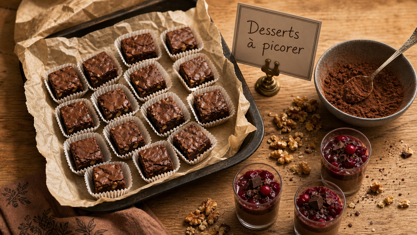 Dessert apéro dinatoire : mini-brownies et mini-verrines à picorer