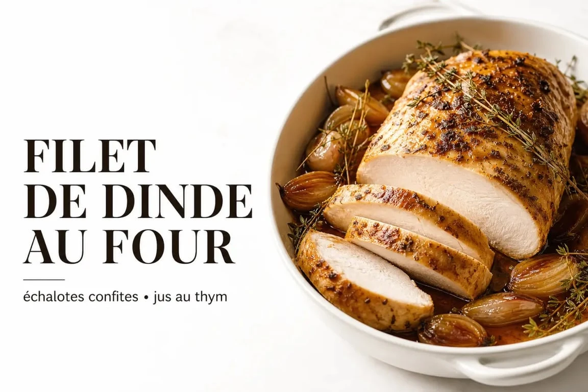Recette filet de dinde au four moelleux servie dans un plat familial avec jus et échalotes