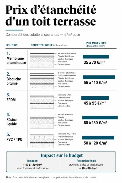 Étanchéité toit terrasse prix au m2 : comparatif visuel des solutions bitume, EPDM, résine et PVC/TPO avec fourchettes de prix