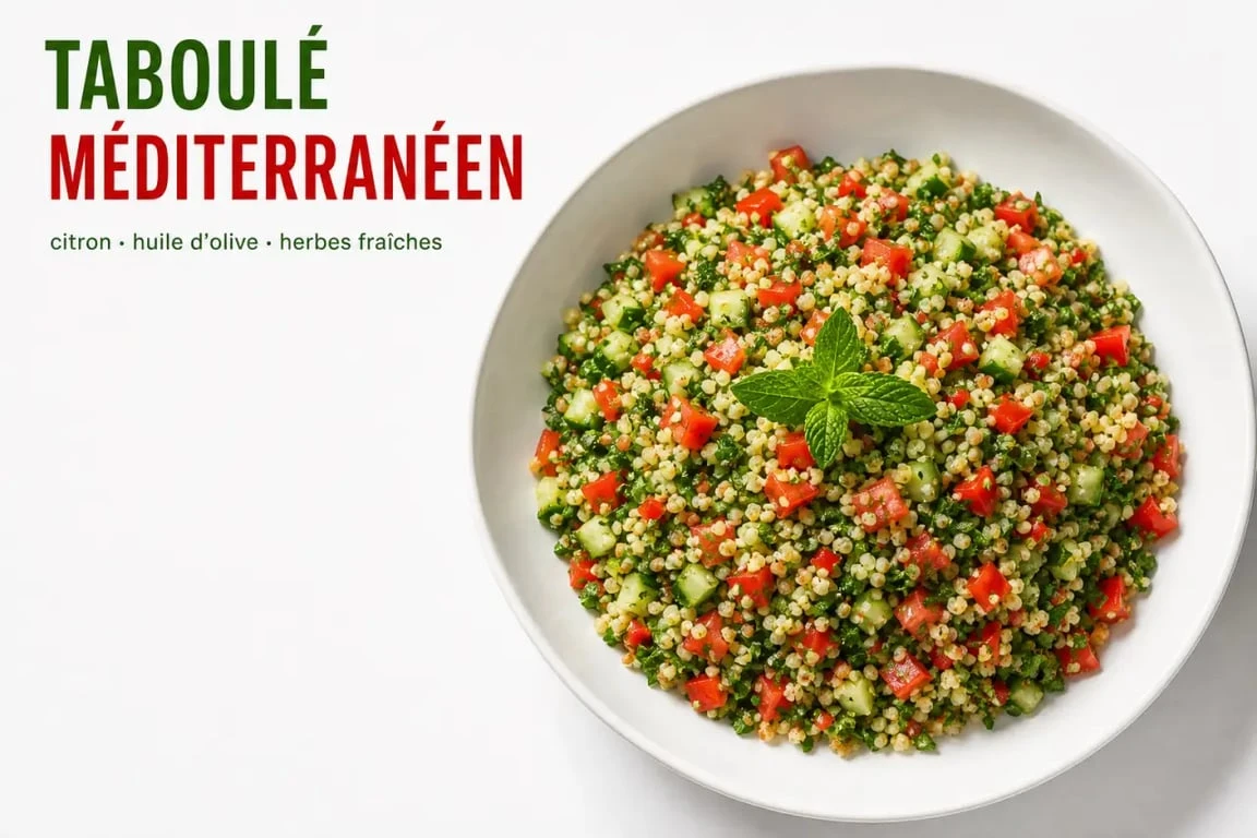 Recette taboulé méditerranéen servi frais dans un grand plat avec herbes, tomates, concombre et citron