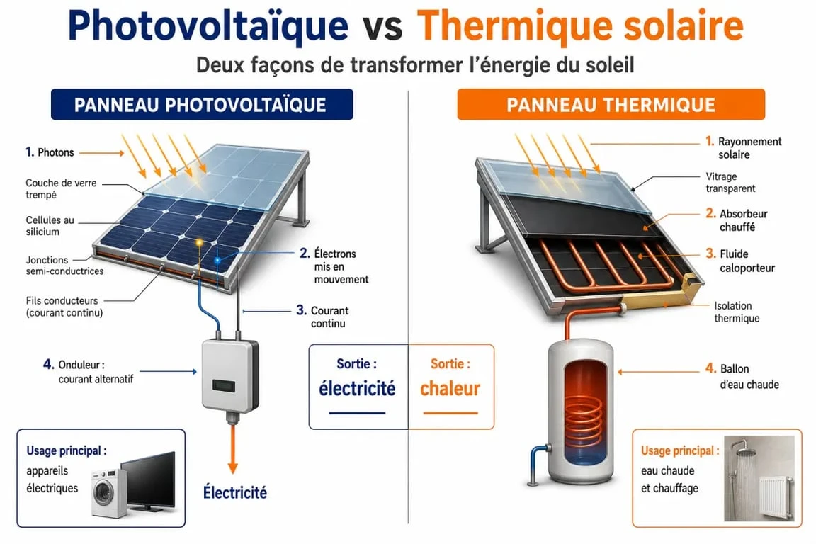 Schéma comparatif entre panneau solaire photovoltaïque et thermique pour comprendre à quoi sert un panneau solaire