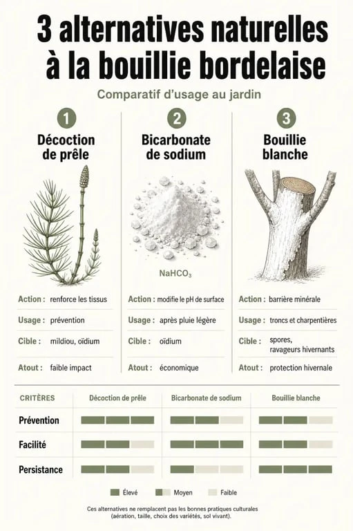 Tableau comparatif des alternatives naturelles à la bouillie bordelaise pour le jardin