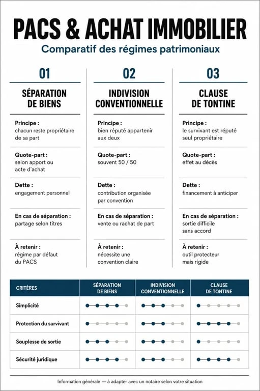 Comparatif des régimes patrimoniaux pour un achat immobilier sous PACS : séparation, indivision et tontine.