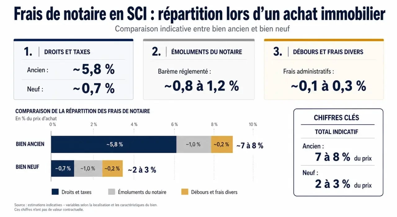 Frais de notaire pour une SCI : répartition des droits, taxes, émoluments et débours