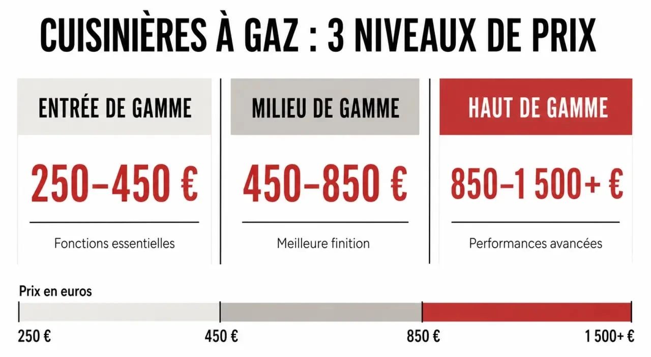 Infographie des gammes de prix des gazinières : entrée, milieu et haut de gamme