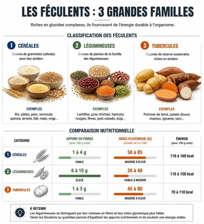 Infographie sur les listes de féculents et leurs bienfaits nutritionnels