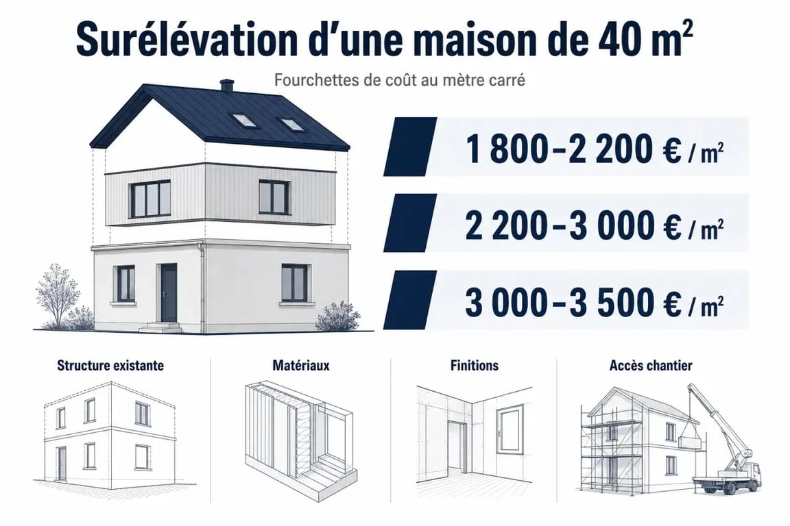 Prix surélévation maison 40m2 : visualisation des fourchettes de prix et des facteurs de coût
