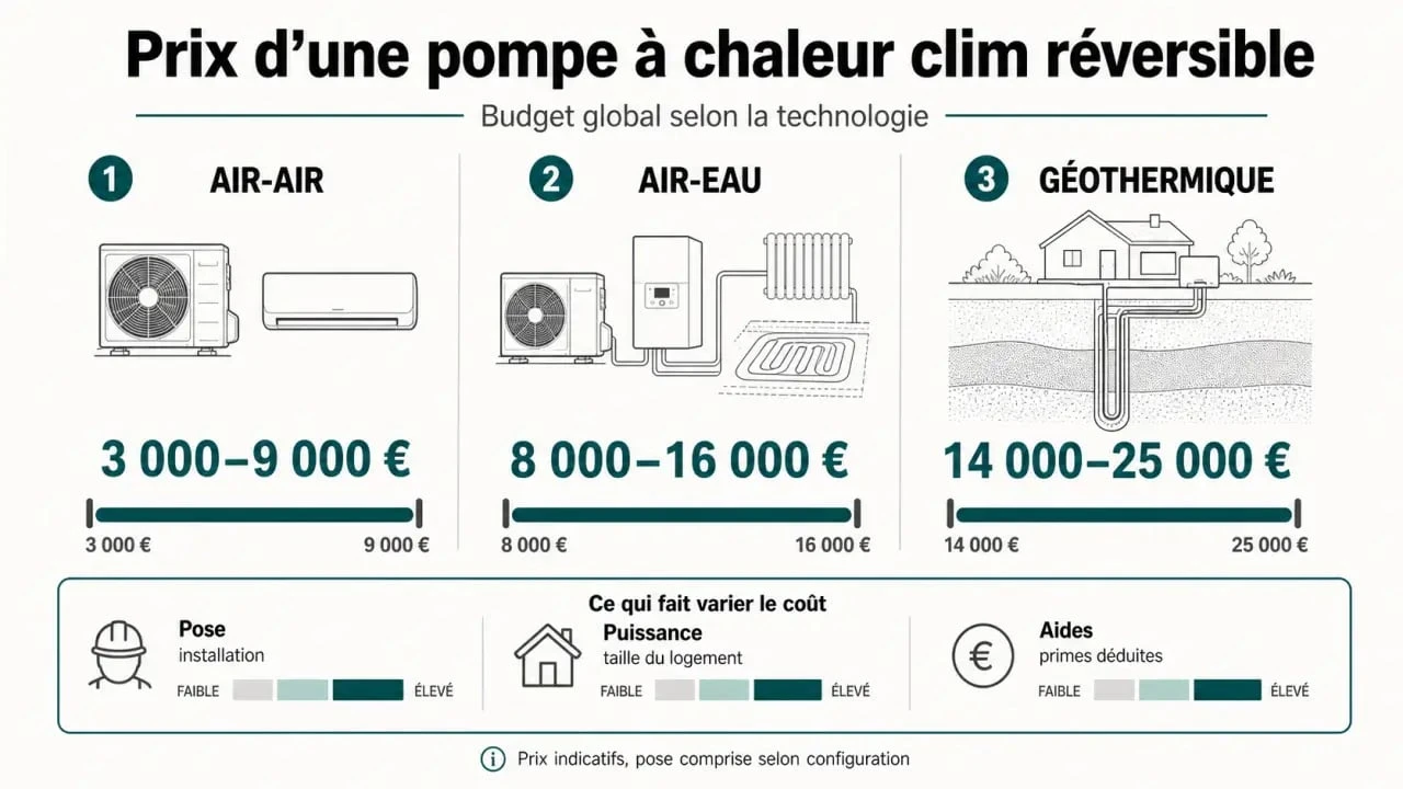 Pompe à chaleur clim réversible prix : comparaison visuelle des fourchettes de prix selon le type de PAC