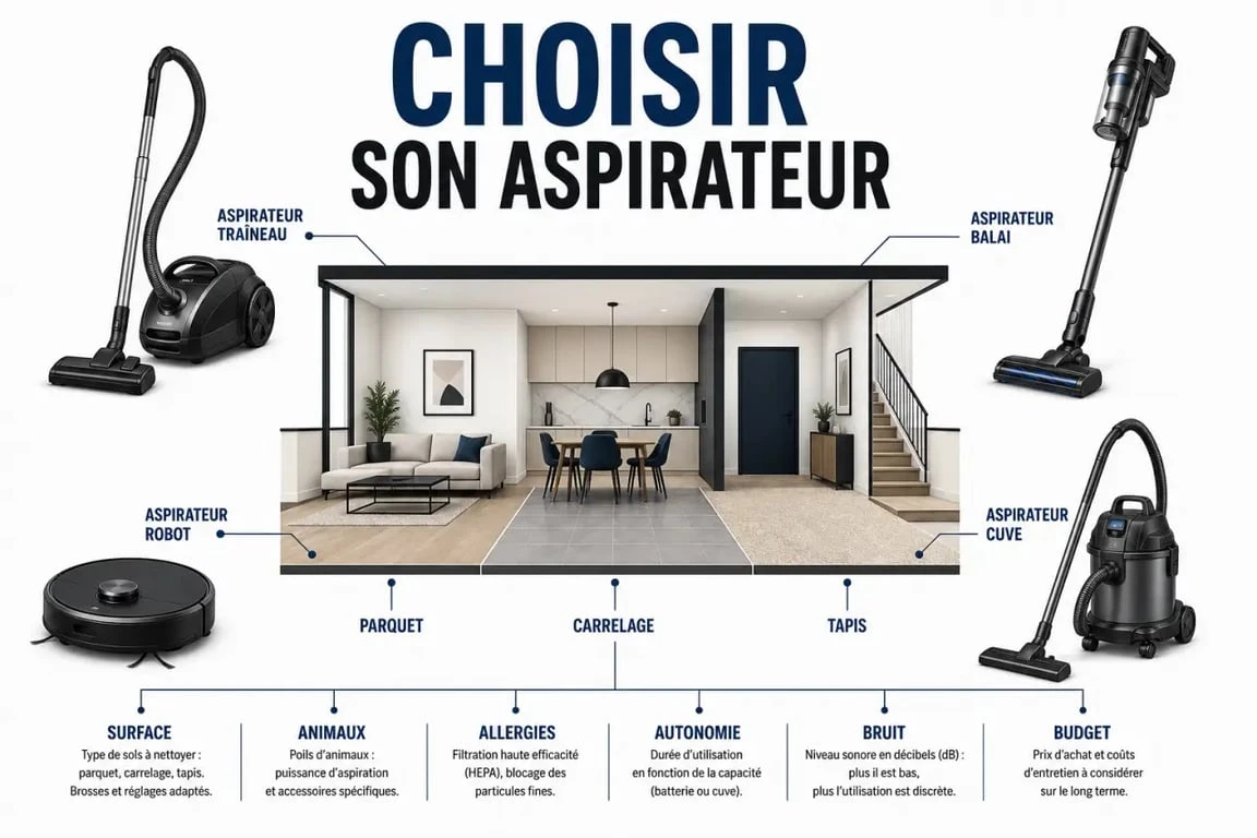 Comment choisir aspirateur : guide visuel des types d’aspirateurs et critères de choix