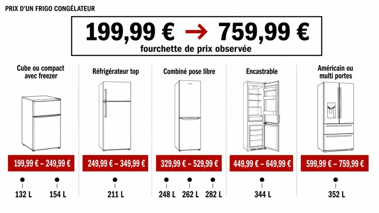 Comparatif visuel du prix d’un frigo congélateur selon les types et les capacités