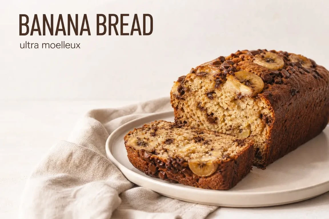 banana bread ultra moelleux présenté sur une assiette, avec une mie tendre et fondante