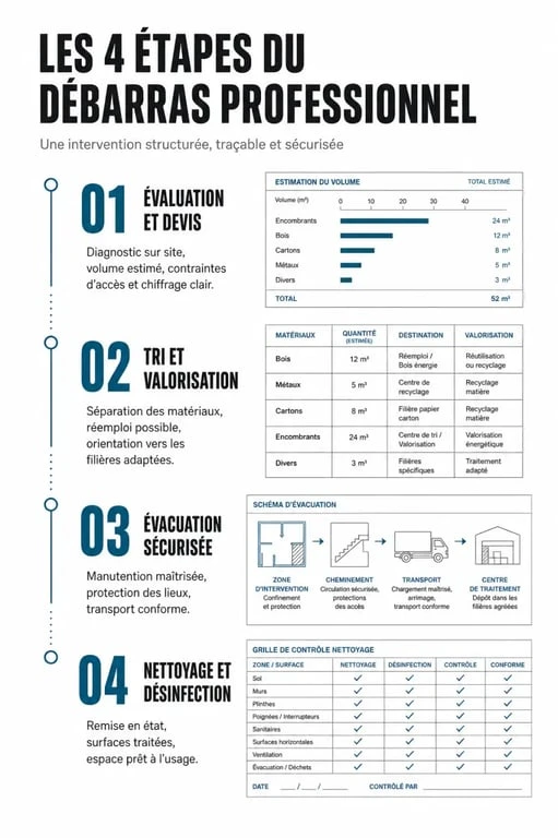 Infographie des étapes d'un service de nettoyage et débarras professionnel