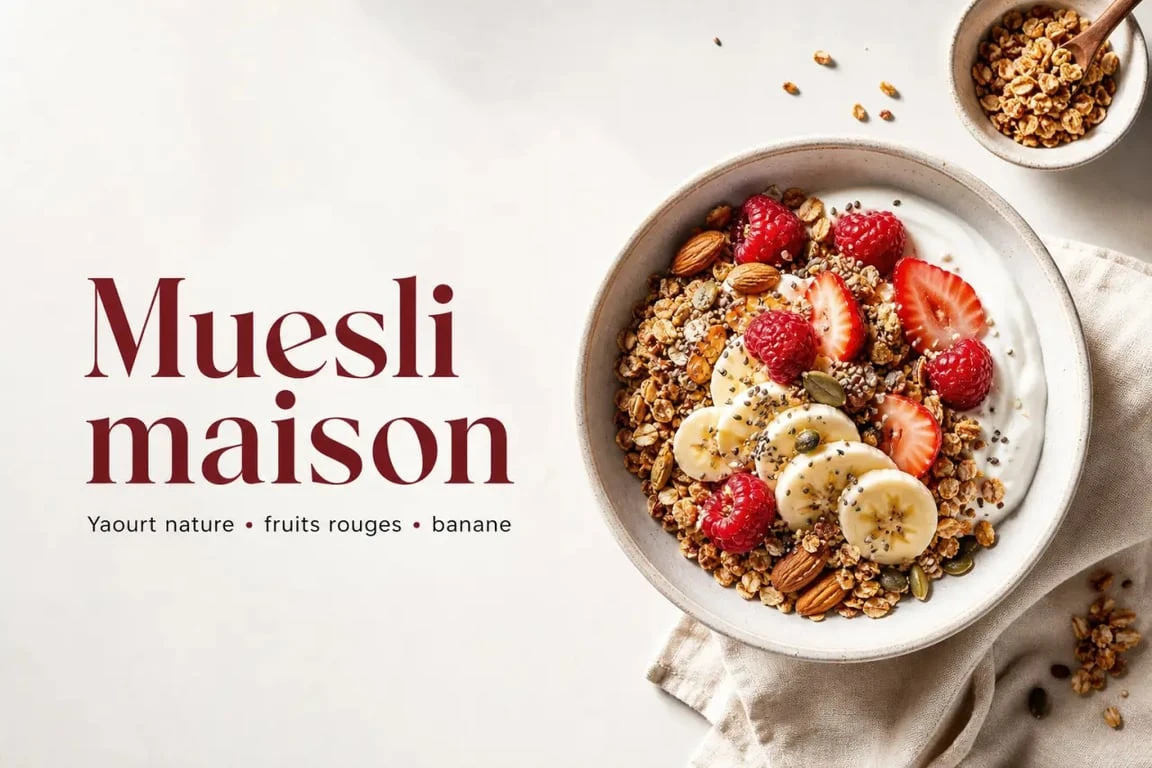 Recette muesli maison healthy servie dans un bol avec yaourt, fruits rouges et noix