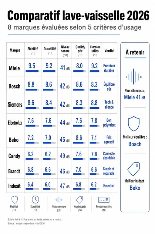 Lave vaisselle quelle marque : infographie comparative des meilleures marques selon la fiabilité, le silence et le rapport qualité/prix
