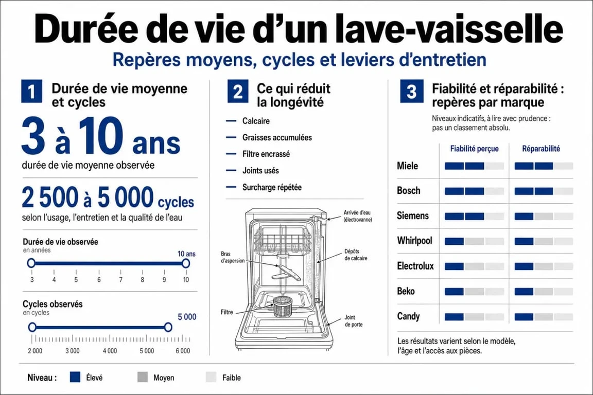 Lave vaisselle durée de vie : infographie sur la durée de vie moyenne, les cycles d’utilisation et les facteurs d’usure