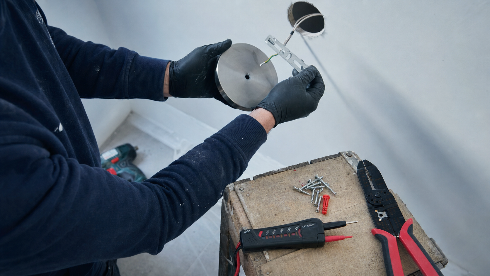 Installer luminaire plafond : fixations adaptées sur plafond percé, installateur en gants