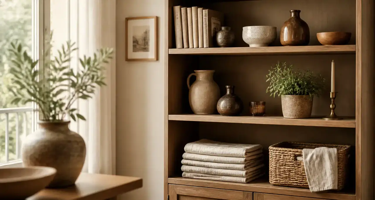 Étagère décorée avec céramiques, linge et plante, ambiance cosy