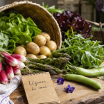 Legume mai : asperges, fèves et petits pois sur table en bois