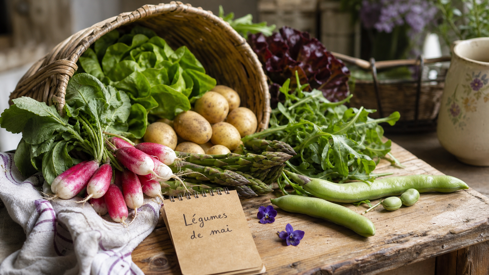 Legume mai : asperges, fèves et petits pois sur table en bois