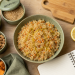 Listes de féculents complets et index glycémique, bol tiède de quinoa et lentilles