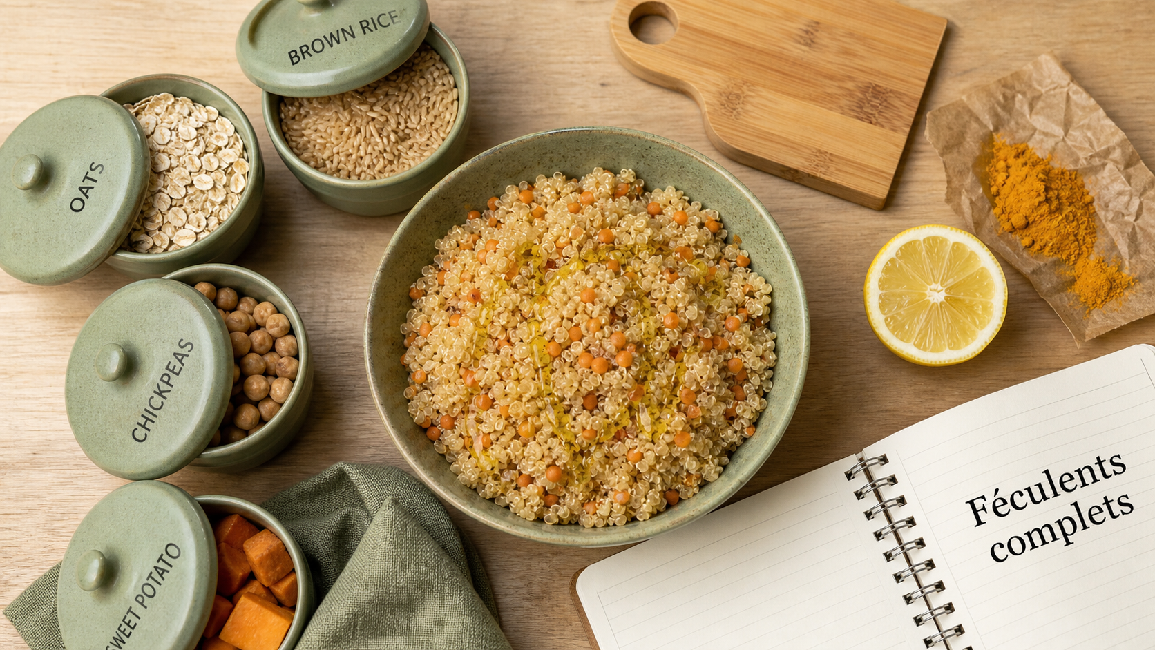 Listes de féculents complets et index glycémique, bol tiède de quinoa et lentilles