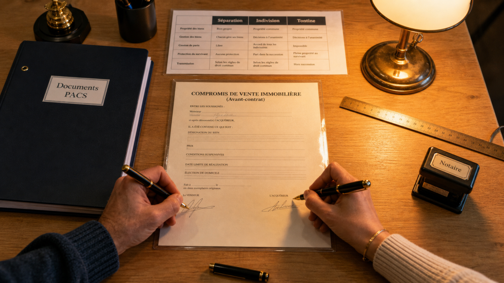 PACS avantage achat immobilier : signature compromis et documents PACS pour sécuriser un achat