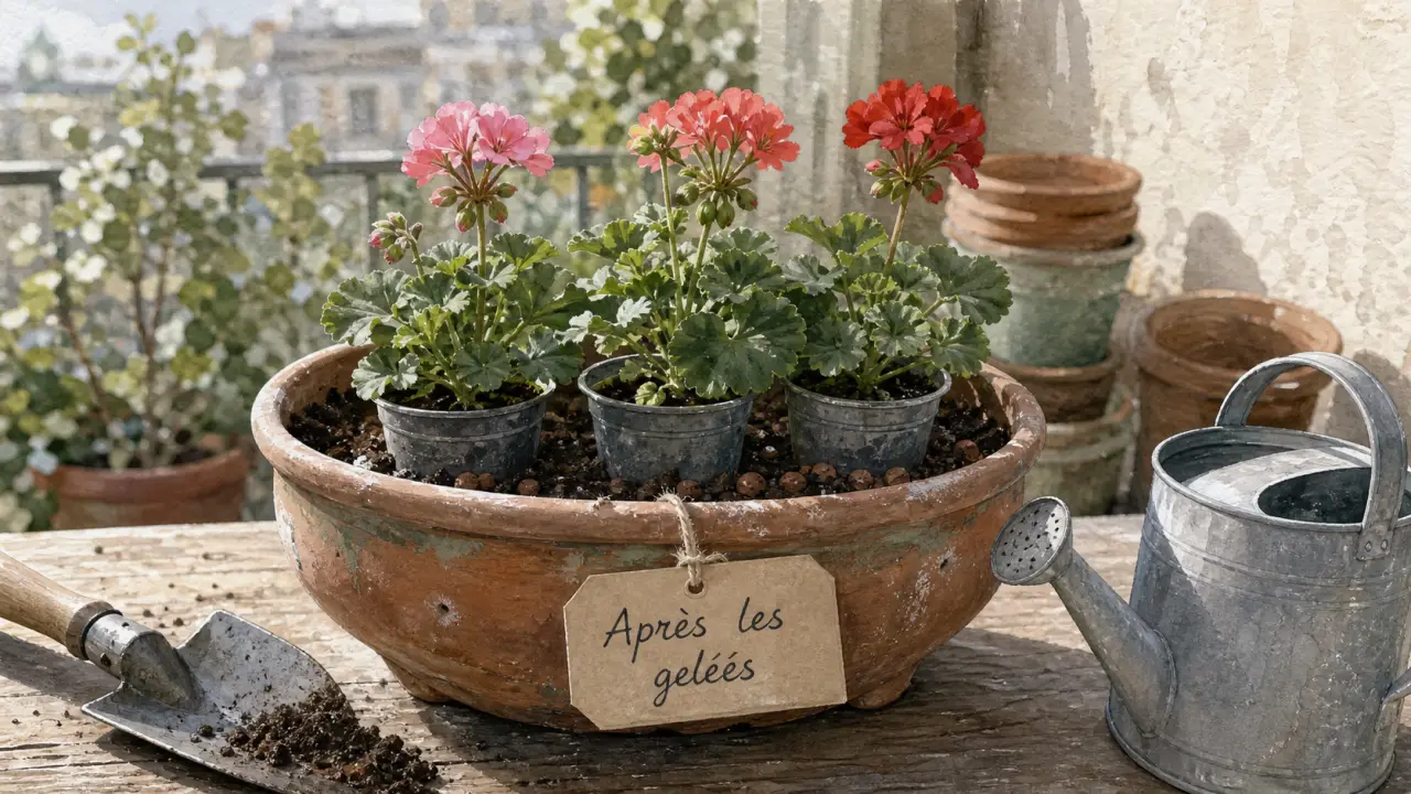 Quand planter geranium après les gelées : géraniums en godets sur terrasse