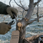 Quand tailler les arbres fruitiers : taille en hiver, mains gantées sur pommier