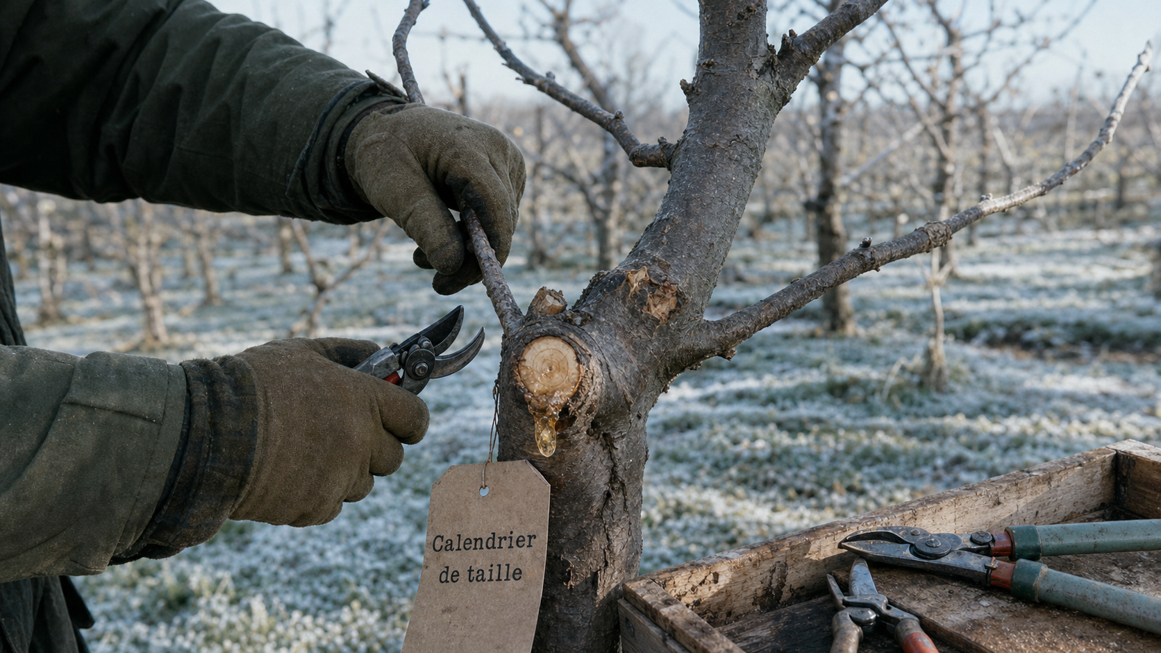 Quand tailler les arbres fruitiers : taille en hiver, mains gantées sur pommier