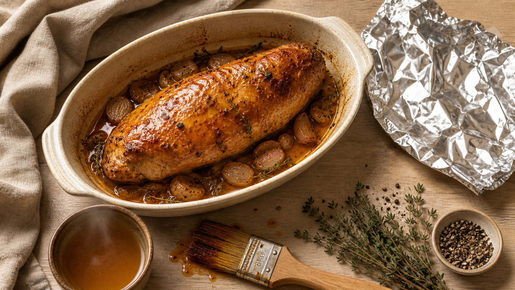Recette filet de dinde au four moelleux à 180°C, bouillon et arrosage, jus doré