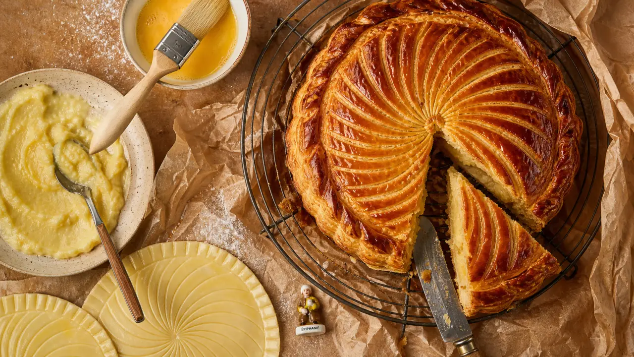 Recette pour la galette des rois à la frangipane : galette feuilletée dorée, crème amande