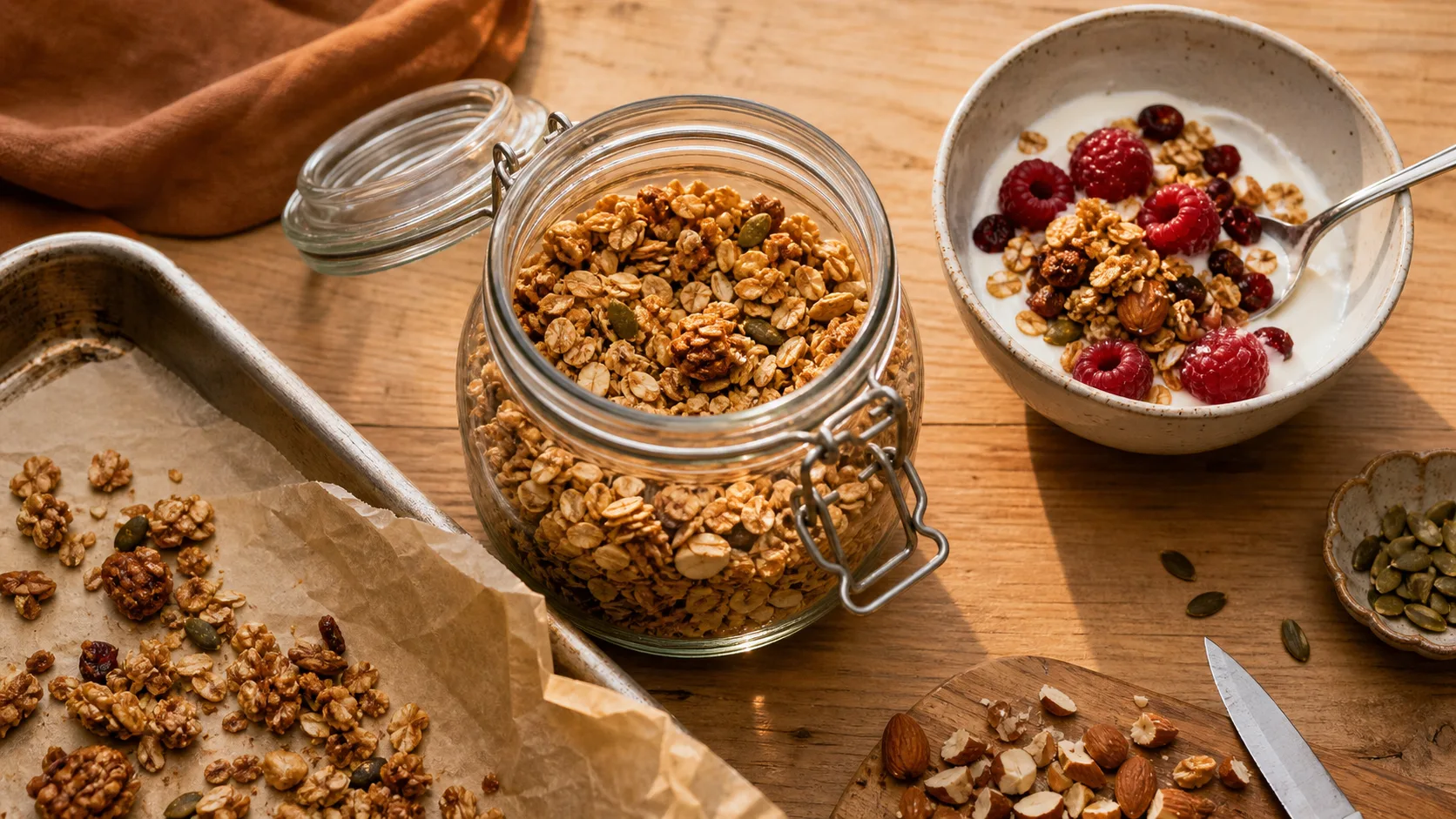 Recette muesli maison healthy : granola doré dans un bocal en verre, flocons d’avoine et graines
