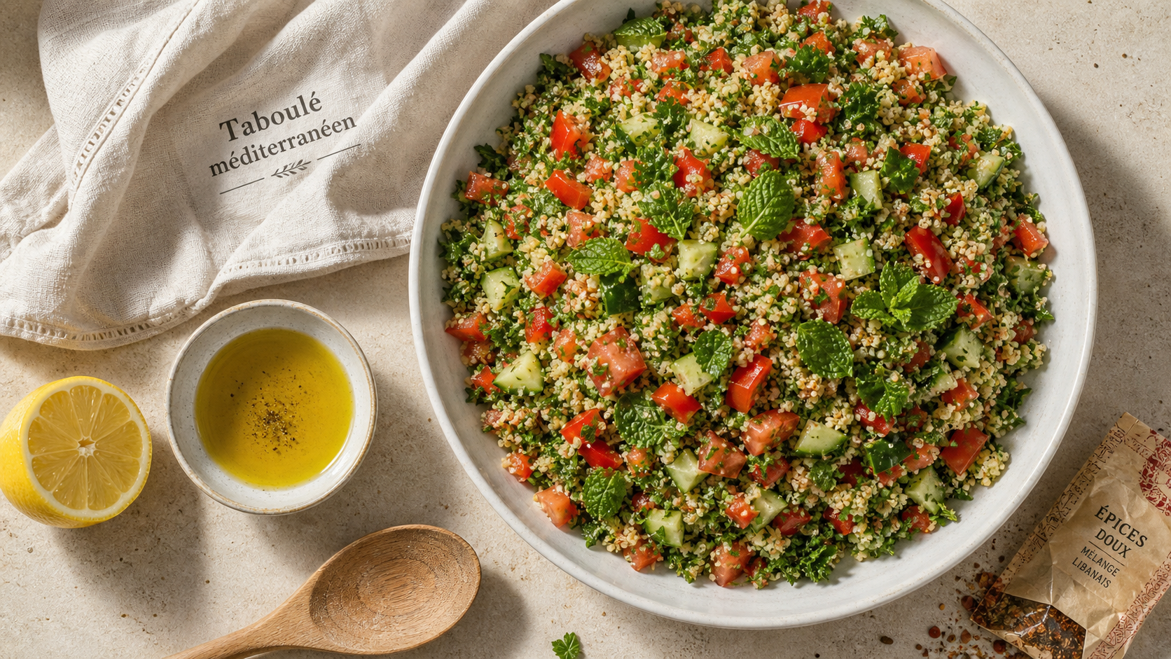 Recette taboulé méditerranéen sans cuisson, plat méditerranéen frais prêt à servir
