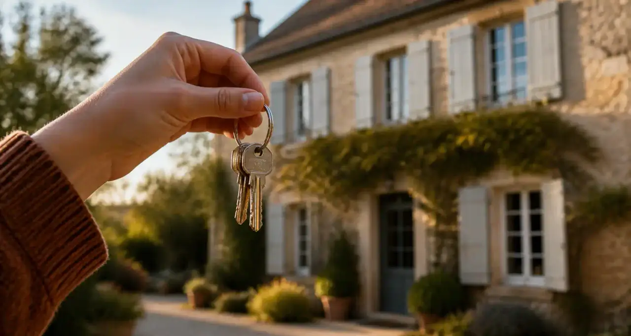 Remise des clés devant une maison, visite immobilière