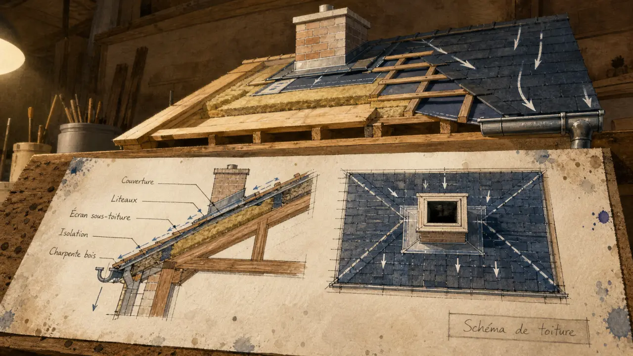 Toiture schéma montrant faîtage, pente et raccords