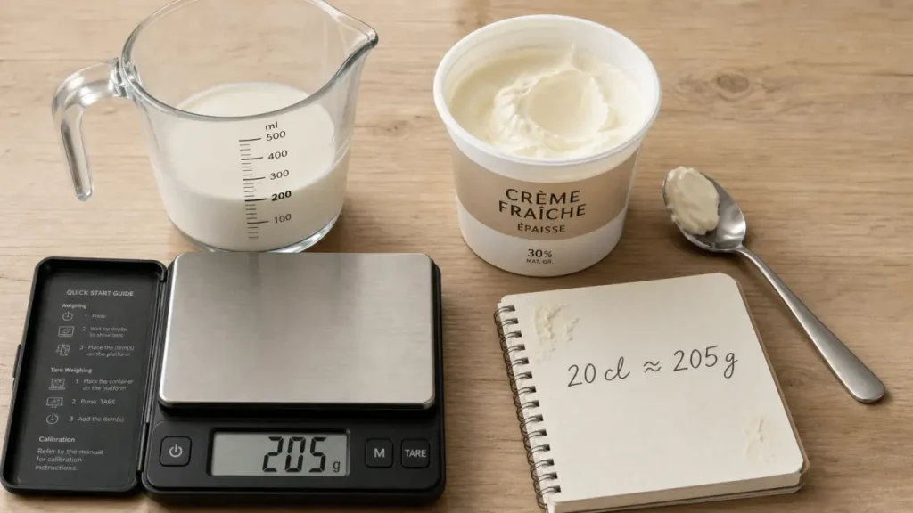20 cl de crème fraîche épaisse en grammes : 205 g, densité et erreurs à éviter