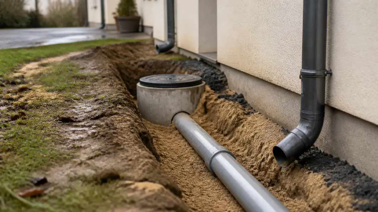 Drainage eau de pluie gouttière avec tuyau PVC et raccord étanche