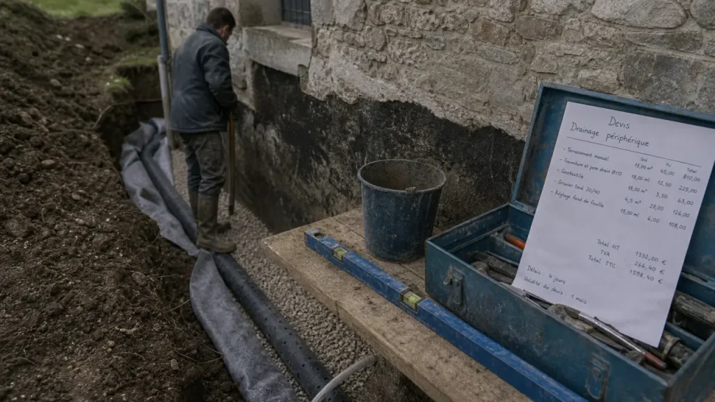 Drainage maison ancienne : le prix au mètre, la pente de 1 % et les devis à surveiller