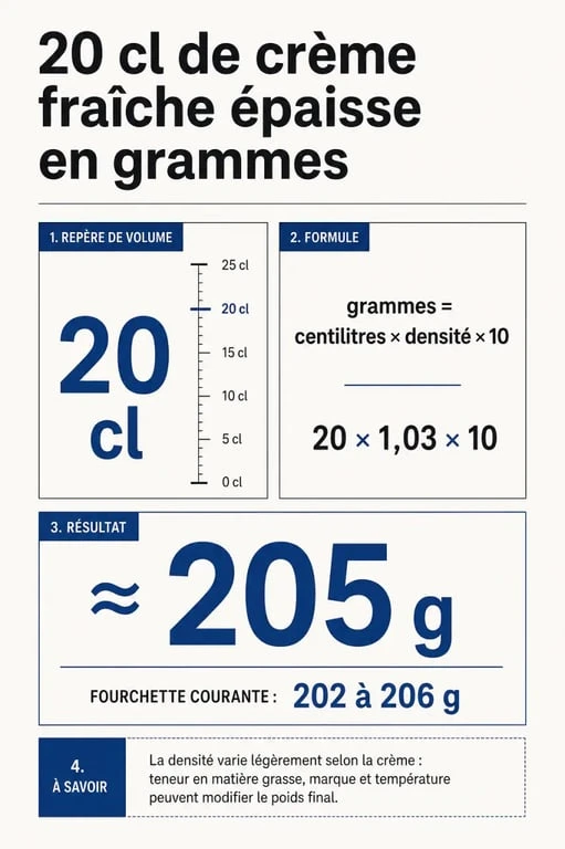 20 cl crème fraîche épaisse en gramme : infographie de conversion vers environ 205 g