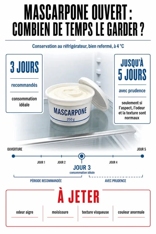 Conservation mascarpone ouvert : durée au réfrigérateur et signes d’altération