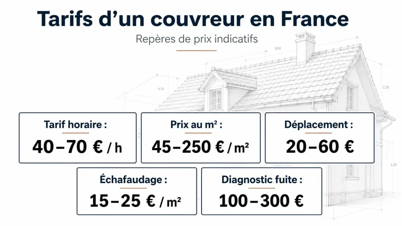 Tarif couvreur : infographie éditoriale des prix horaires, prix au m² et frais annexes