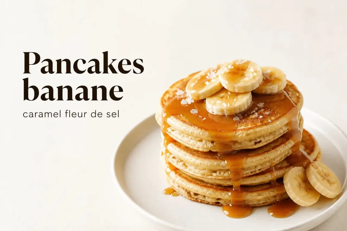 Recette pancakes cyril lignac banane servis en pile avec rondelles de banane et caramel à la fleur de sel