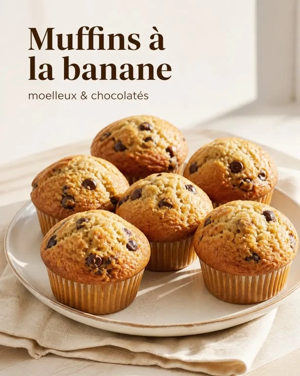 Recette muffin banane moelleux : muffins dorés et fondants avec pépites de chocolat, présentés sur une assiette claire