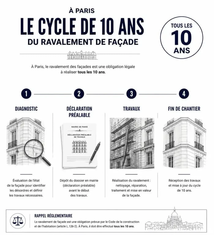 Infographie du processus de ravalement de façade à Paris et obligations légales