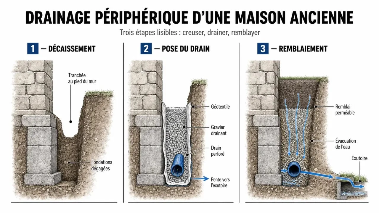 Schéma des étapes du drainage maison ancienne prix autour des fondations et de l’exutoire