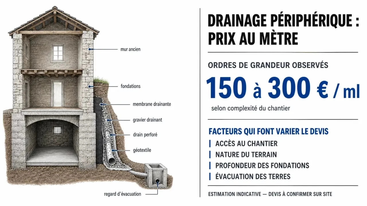 Infographie sur le drainage maison ancienne prix avec fourchettes de prix et facteurs de variation du devis