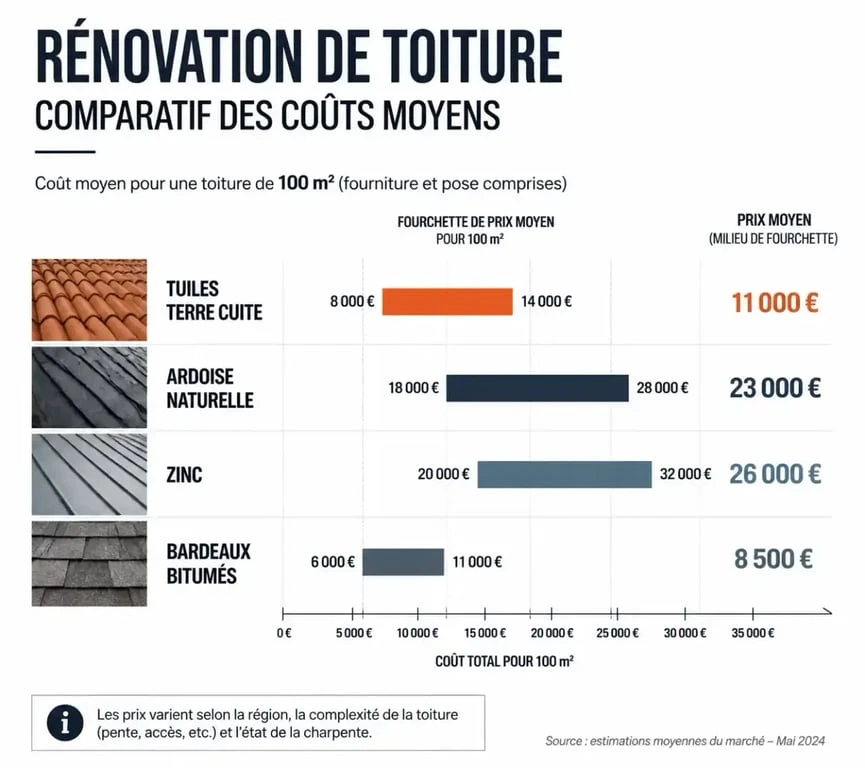 Graphique comparatif des prix d'une toiture de 100m2 selon les matériaux
