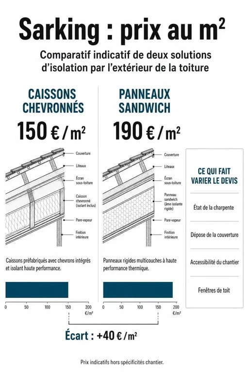 Sarking prix m2 : infographie comparative des tarifs au mètre carré et des facteurs de variation