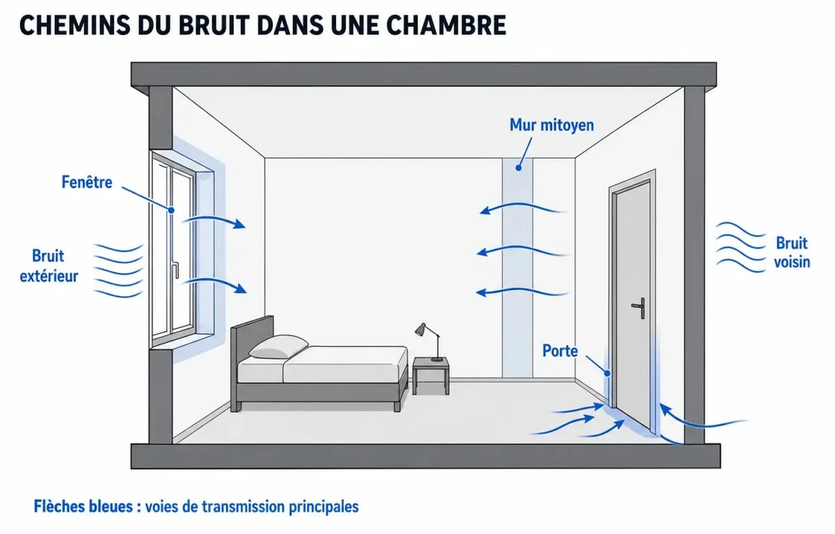 Isoler phoniquement une pièce : schéma des points faibles d’une chambre